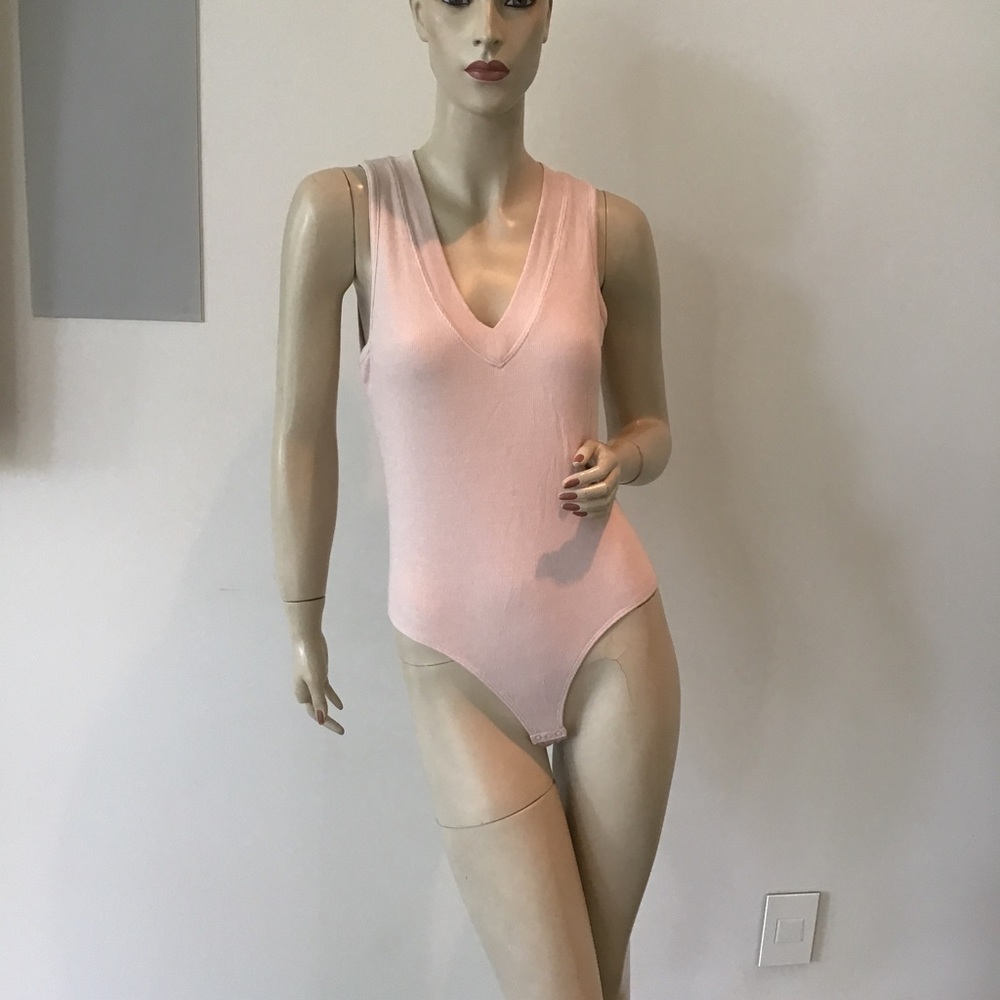 NWT ATM Anthony Thomas‎ Melillo V Neck Tank Ribbed Thong Bodysuit Blush Pink L